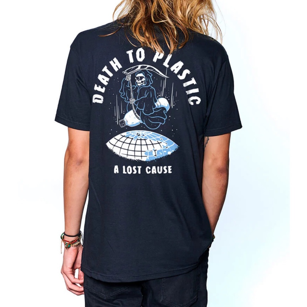 Death to Plastic graphic tee in black with white and blue logo for a cause